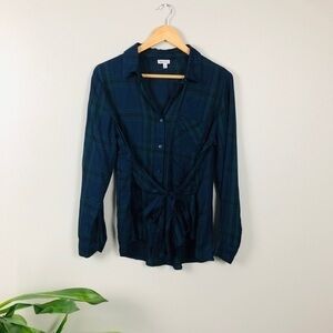 BOUTIQUE navy blue green plaid tie waist shirt